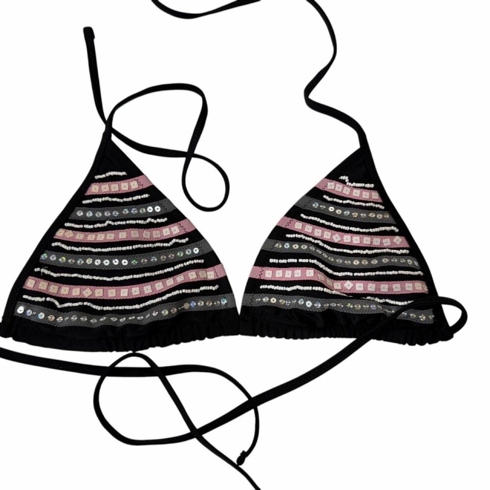 Beach Joy black bikini top with pink and silver geometric stripes and sequins